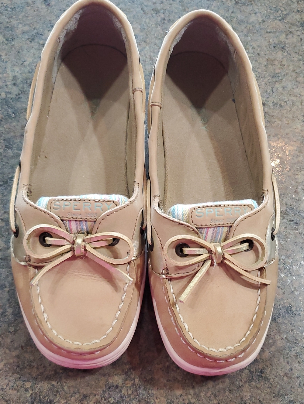 Sperry Tan Moccasin Boat Shoes with Pink Accents